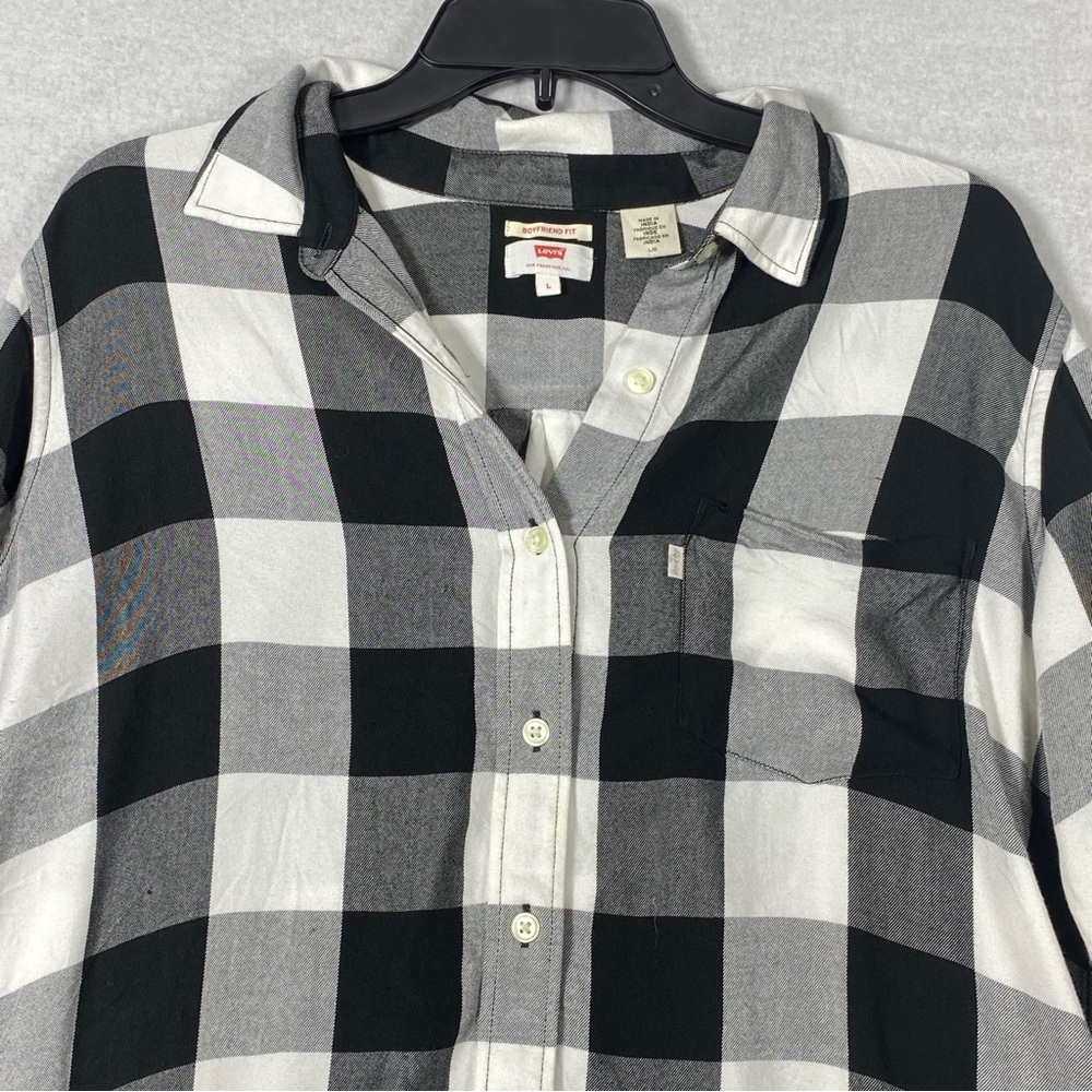 Levis Boyfriend Flannel Shirt Women's L Black White Plaid Button Up Casual Top - Picture 3 of 16